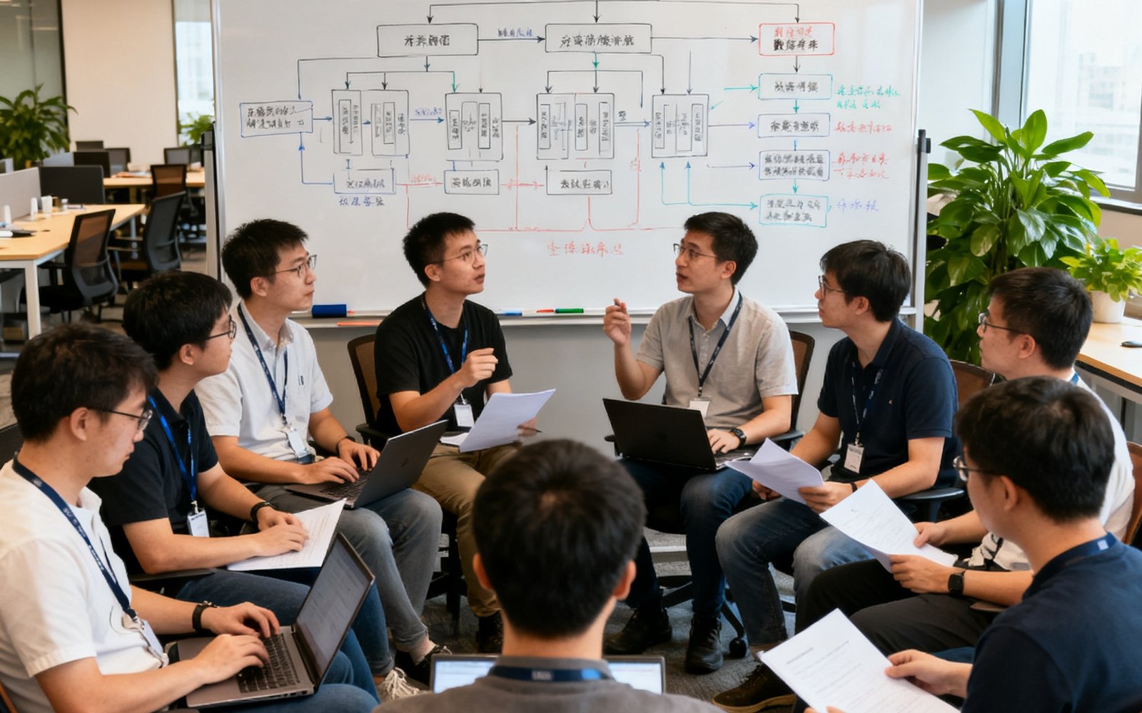 QMH球盟会深圳总部办公室内技术团队正在讨论分布式数据库架构方案的场景照片，画面中约有十五位工程师围坐在白板前